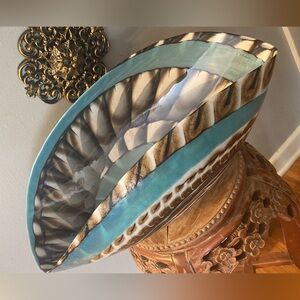 💙🤍🤎Fornace Ferro Murano Turquoise White & Brown Glass Shell Bowl Made In Italy💙